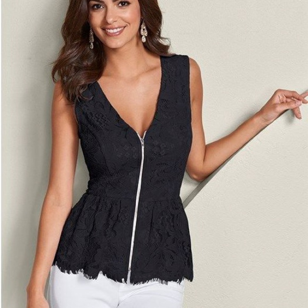 Venus Peplum Black Lace Zip-Up (Size XS) Top